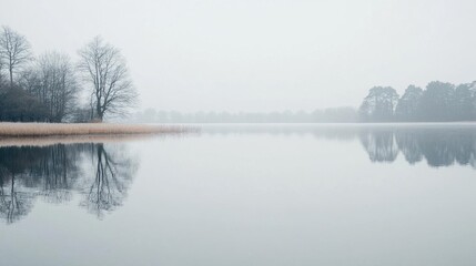 Fototapeta premium A serene lake scene with fog and reflections of trees.