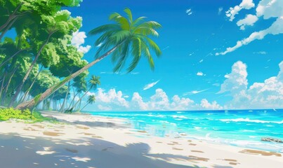 Obraz premium A serene beach scene with palm trees and clear blue skies.