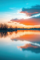 Fototapeta premium Serene sunset over a calm lake, reflecting vibrant colors in the sky.