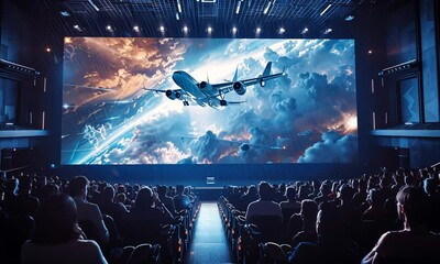 Airplane flying through clouds shown on a large movie screen in a dark theater with an audience.