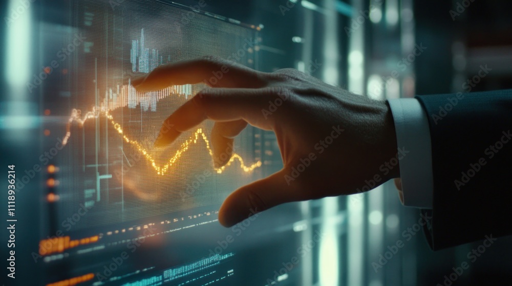 Poster digital hand interacting with financial data on futuristic interface