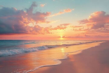 sunset over serene beach calm ocean water warm golden light tropical paradise inspiration
