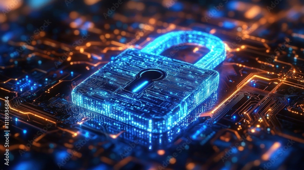 Poster digital lock visualization for cybersecurity compliance and data protection in a cyberpunk style