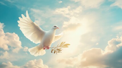 A white dove carrying an olive branch flying in the sky with sunlight and clouds background