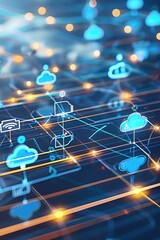 Digital network visualization with cloud and connectivity icons.