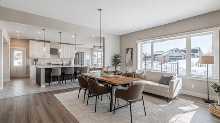 Modern dining area with a cozy living space and large windows.