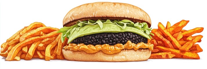 A burger with lettuce and fried chicken, accompanied by crispy fries.