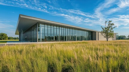 Obraz premium Modern glass building surrounded by tall grass under a blue sky.