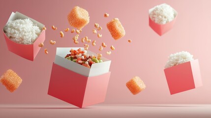 Trendy food delivery ad, diverse cuisine options in vibrant packaging, on-demand concept