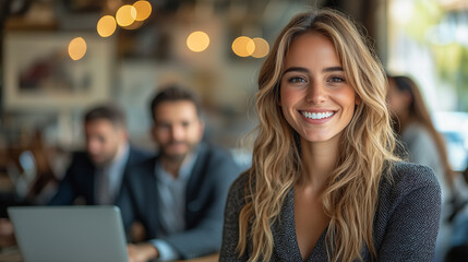 Young business woman working with two men at a modern workspace