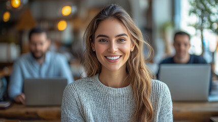 Young business woman working with two men at a modern workspace