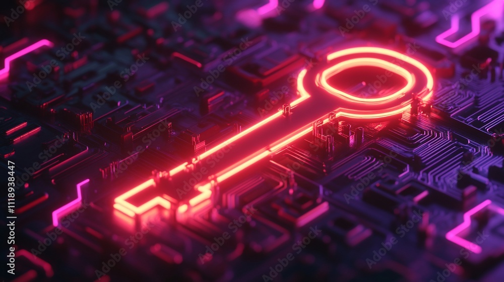 Poster glowing neon key on a circuit board, representing digital security and access.