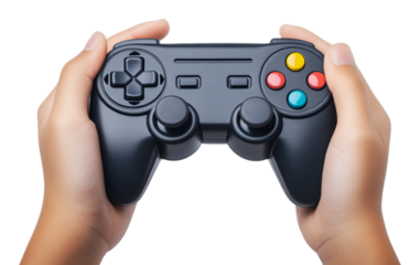 Enjoying gaming with a handheld controller, cut out - stock png.