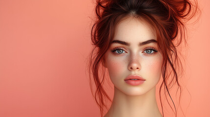 Fototapeta premium Portrait of a woman showcasing beauty and skincare routine with a soft pink background