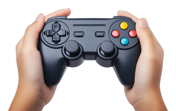 Enjoying gaming with a handheld controller, cut out - stock png.