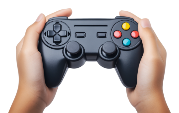 Enjoying gaming with a handheld controller, cut out - stock png.