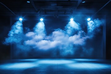 A dramatic stage setting with blue lighting and mist for performances or events.