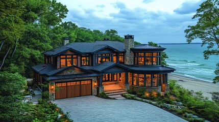 Obraz premium Aerial view of a luxury home on Lake Michigan's shore, featuring an attached garage and landscaped driveway