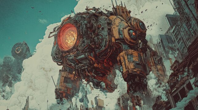Futuristic steampunk mech amidst city destruction; fiery engine, smoke, chaos.