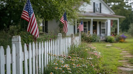 American flags adorn a white picket fence in a front yard, with a house featuring large windows and a green tree behind it, and a garden filled with wildflowers and tall grasses