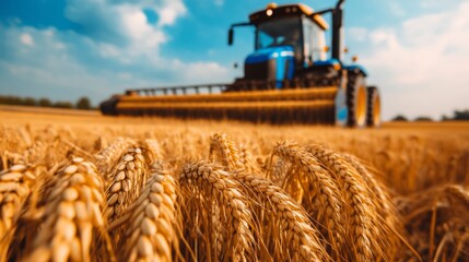 A farmer harvesting golden wheat in a field under a bright blue sky during the summer afternoon