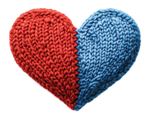 Red and blue knitted heart decoration, cut out - stock png.