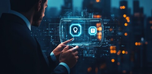 Cyber Security Business Technology Internet Networking Concept Young Businessman Virtual Display Interaction