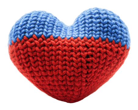 Colorful knitted heart in red and blue yarn, cut out - stock png.