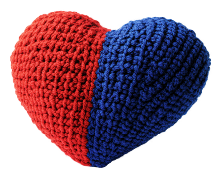 Crocheted heart in red and blue design, cut out - stock png.