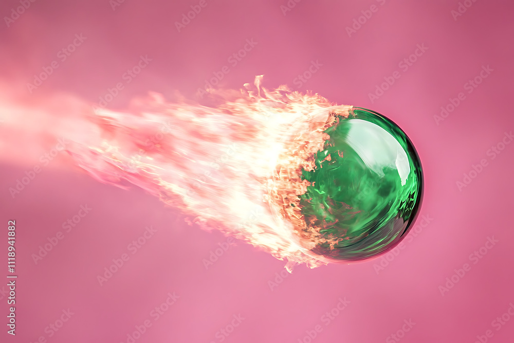 Aufkleber a green sphere engulfed in flames, creating a dynamic visual effect against a pink background.