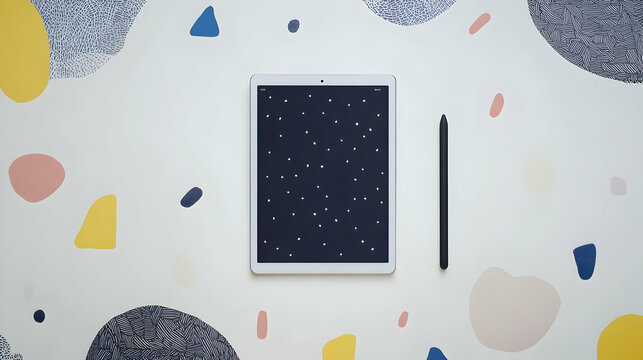 A tablet and stylus on a colorful, abstract background, ideal for digital creativity.