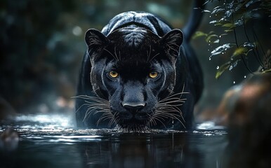 Black Panther Emerging from Misty Forest in Hyper-Realistic Style Digital Art