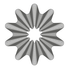 A black and white abstract star made of concentric lines, creating the illusion of movement.