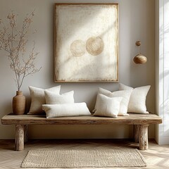 Rustic Wooden Bench in a Minimalist Entryway with Abstract Art and Textured Pillows