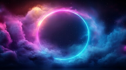Obraz premium Colorful Neon Ring Glowing Inside Stormy Clouds in 3D Render