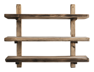 Three-tier rustic wooden wall shelf, cut out - stock png.