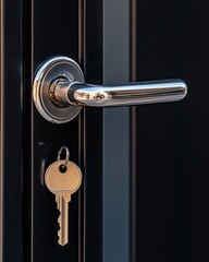 A close-up of a door handle with a key inserted nearby.