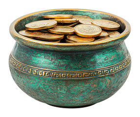 Antique bowl filled with golden coins on display, cut out - stock png.