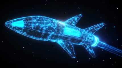 3D holographic rocket ship, electric blue glow, futuristic design, black background, 