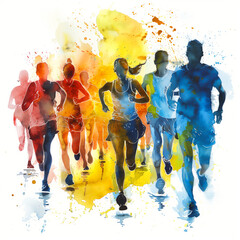 watercolor art of Group of running people isolated on white background