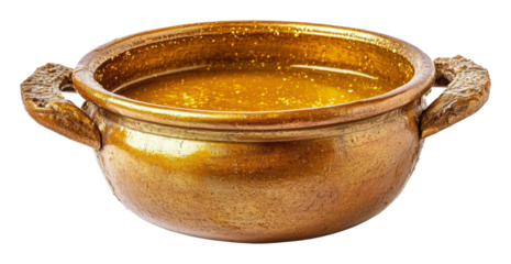 Copper pot filled with golden soup on a table, cut out - stock png.