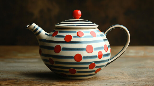 A playful polka dot and striped ceramic teapo