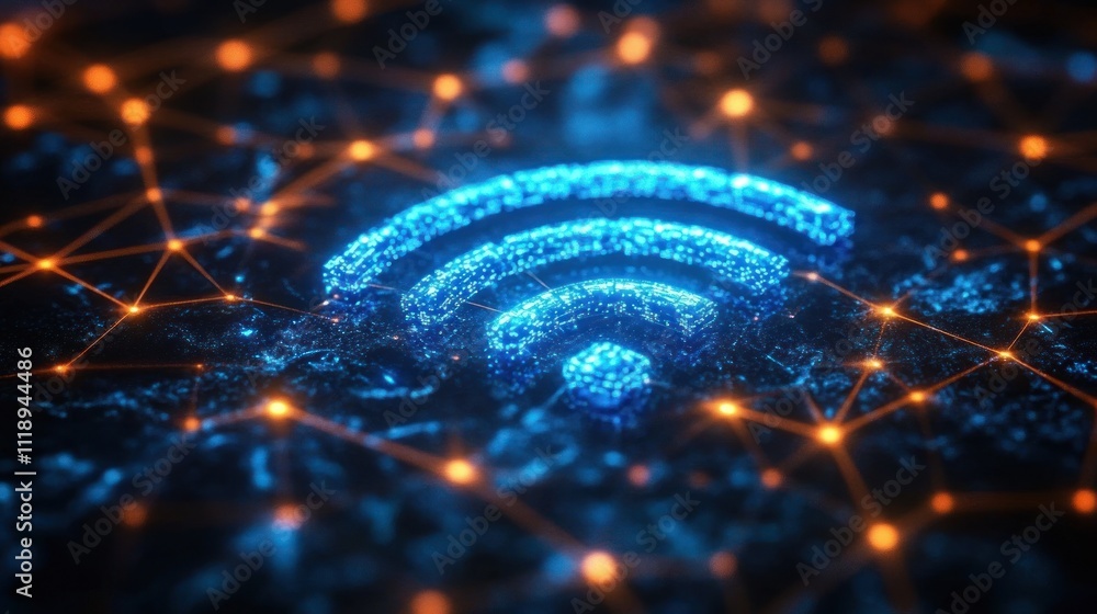 Poster Futuristic Wi-Fi Symbol in Cyberpunk Digital Landscape with Neon Lights and Network Patterns