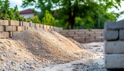 A construction site featuring gravel and stone materials for landscaping.