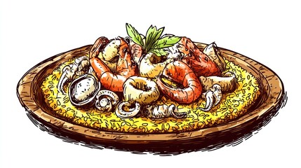 A colorful seafood dish served on a wooden plate, garnished with herbs.