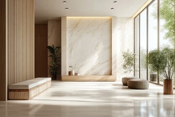 Modern Minimalist Hallway with Wooden Bench and Marble Wall Featuring Large Windows and Natural Light