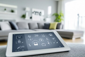 A tablet displaying smart home controls in a modern living room.