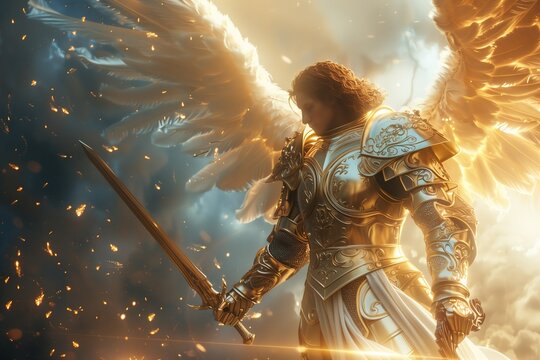 A majestic angel with golden armor wielding a sword amidst dramatic skies.