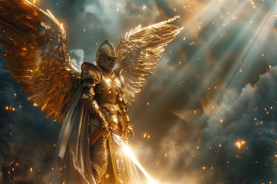 A majestic angelic figure with golden wings and armor, symbolizing strength and divine purpose.