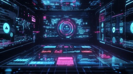 Obraz premium Futuristic digital interface with holographic data displays.